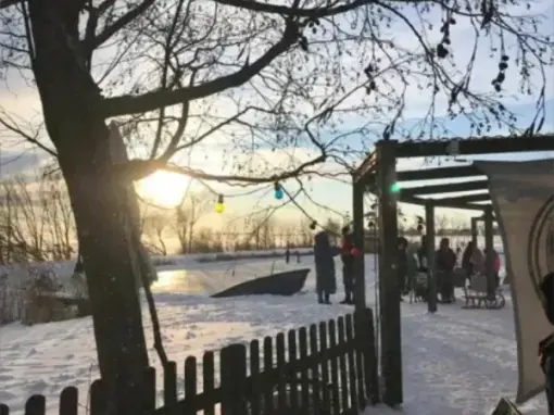 Schnee und gefroener Teich mit Gästen